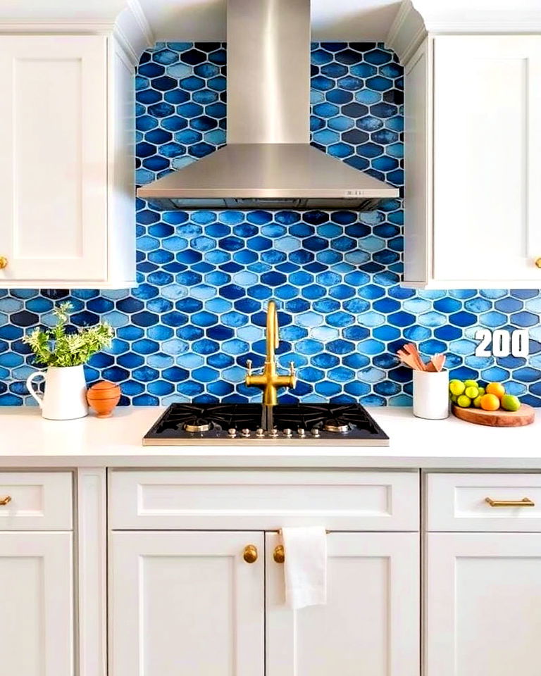 elegance cerulean blue fish scale tiles - 25 Kitchen With Blue Backsplash Ideas