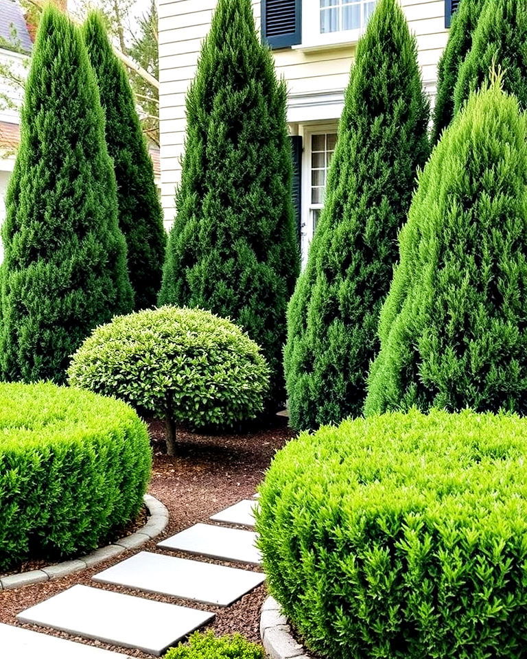 elegance focal point with japanese yews - 25 Front Yard Evergreen Landscaping Ideas