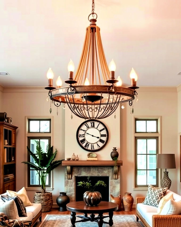 elegance install a statement chandelier - 25 Rustic Boho Living Room Ideas
