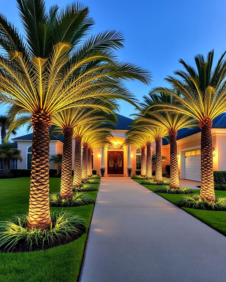 elegance palm lined driveway with understated - 25 Front Yard Palm Tree Landscape Design Ideas