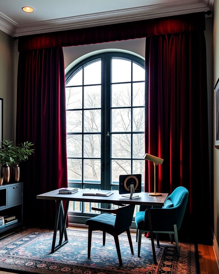 elegance velvet drapes - 20 Dark Academia Home Office Ideas