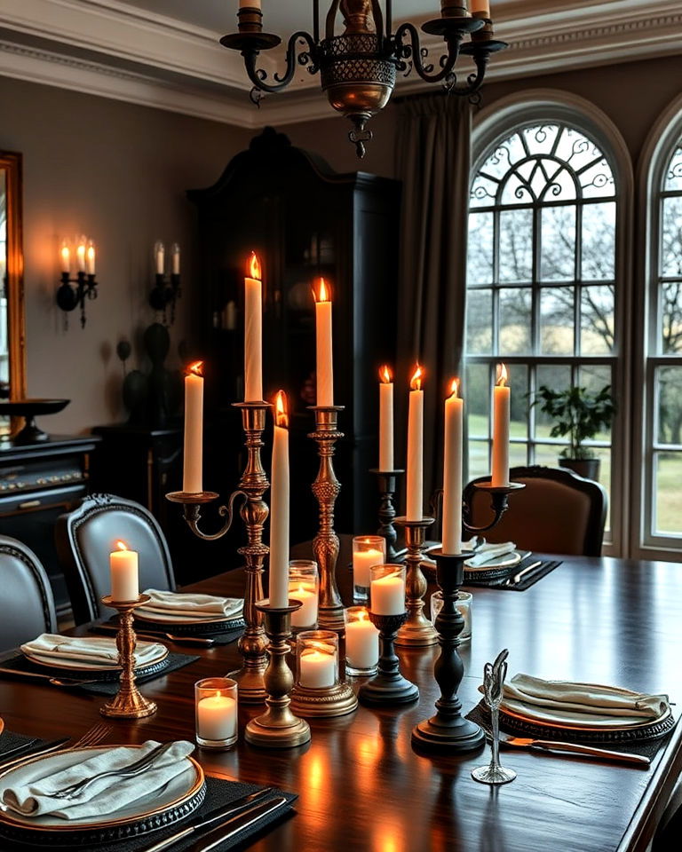 elegant candlesticks and candelabras dining room - 15 Dark Academia Dining Room Ideas