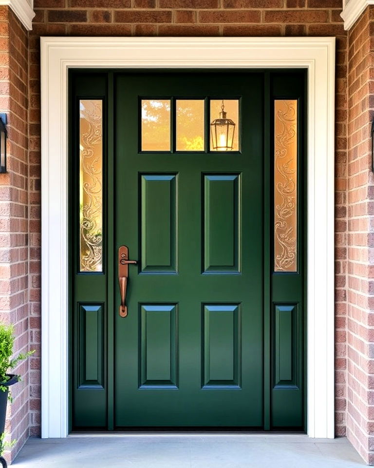 elegant dark green door with glass panels - 15 Dark Green Front Door Ideas