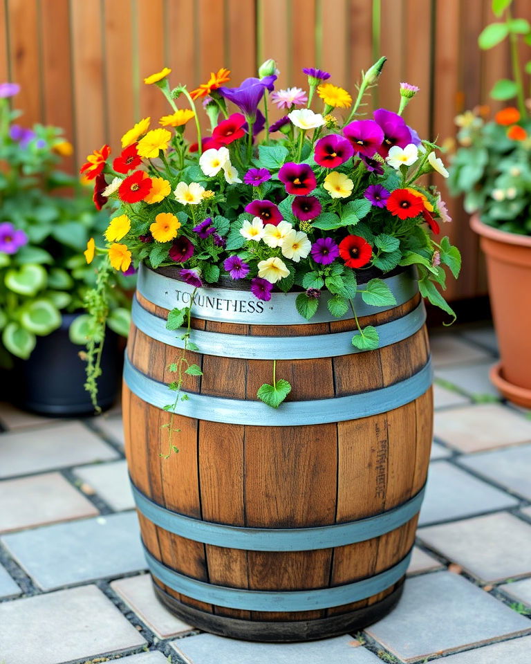 elegant edible flower planter - 20 Whiskey Barrel Planter Ideas