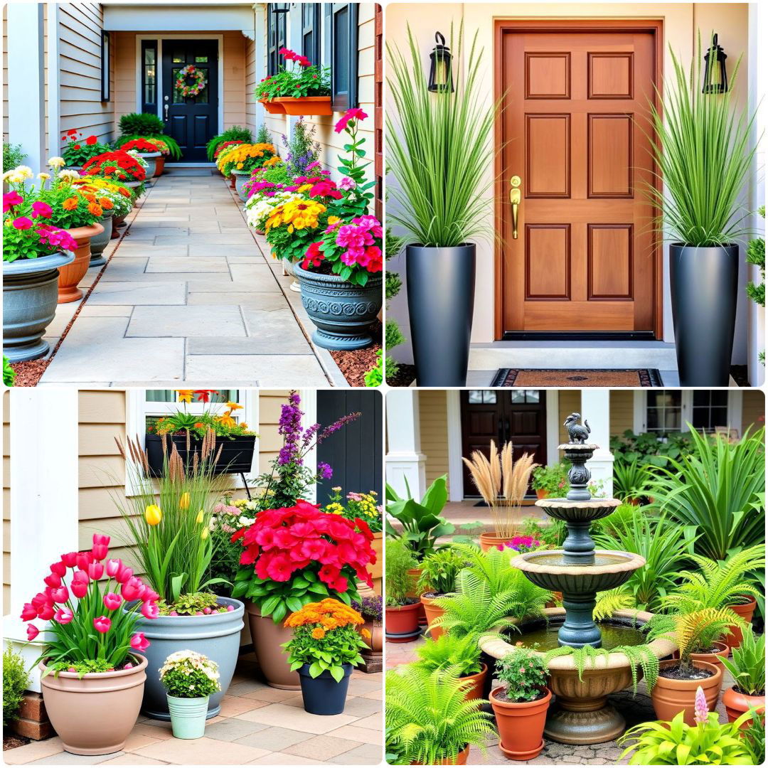 elegant front yard landscaping with potted plants