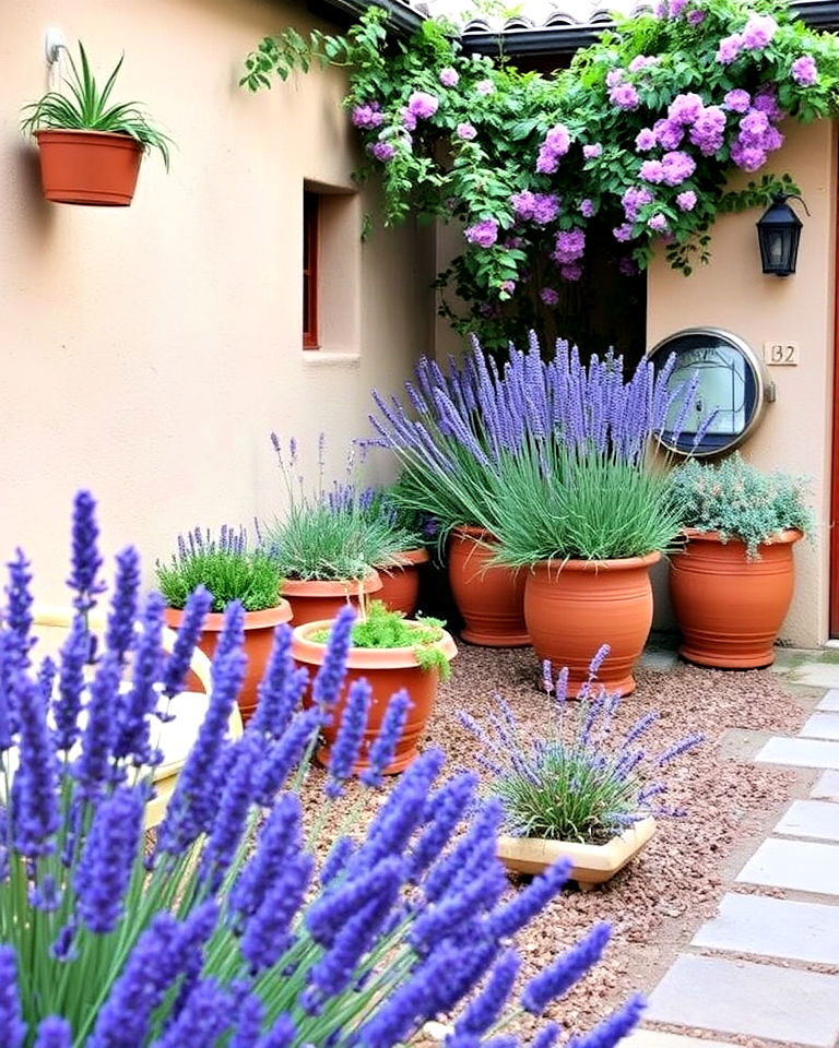 elegant lavender courtyard accent - 25 Lavender Landscaping Ideas