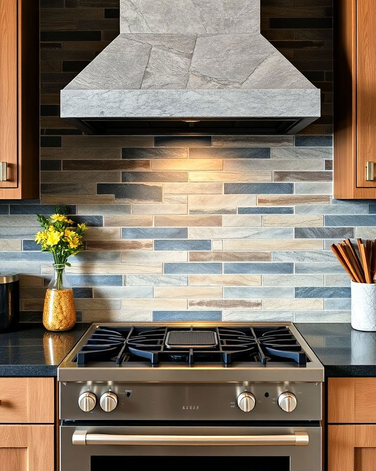 elegant natural slate tiles backsplash - 20 Stone Kitchen Backsplash Ideas