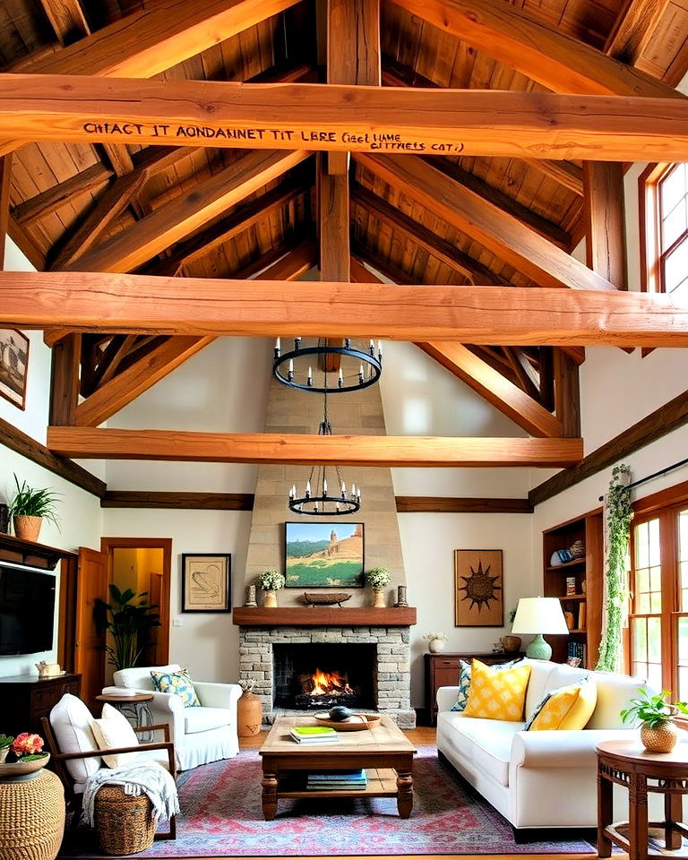 elevate the space with wooden beams - 25 Rustic Boho Living Room Ideas