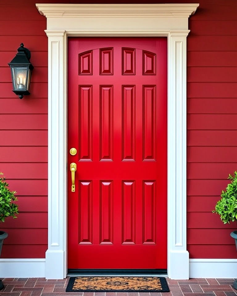 elevated elegance red front door with paneling - 25 Red Front Door Ideas