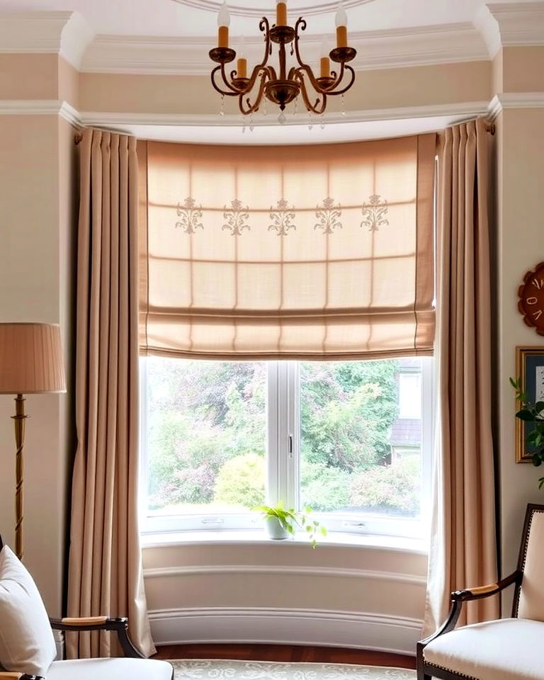embroidered panels for subtle detail - 30 Bay Window Treatment Ideas