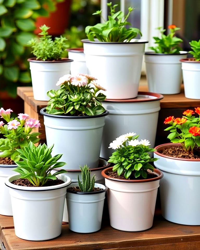 enamelware pots for small plants - 20 Vintage Garden Ideas