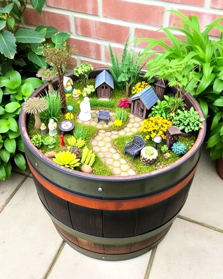 enchanting fairy garden filled with miniature plants - 15 Wine Barrel Planter Ideas