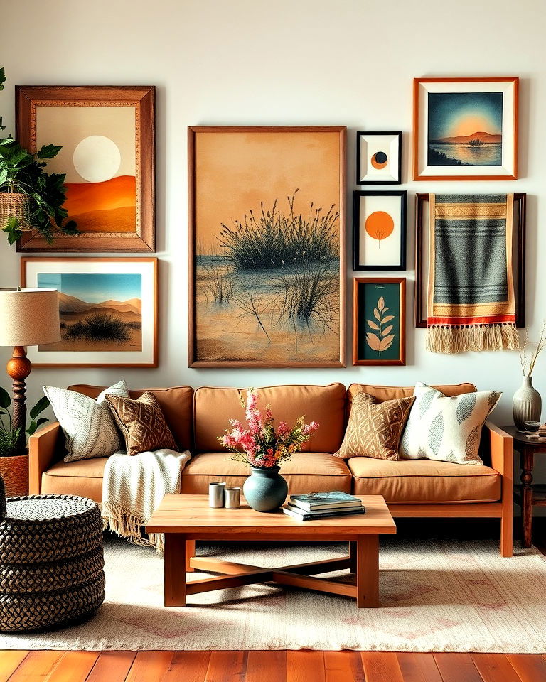 enhance walls with boho art for living room - 25 Rustic Boho Living Room Ideas