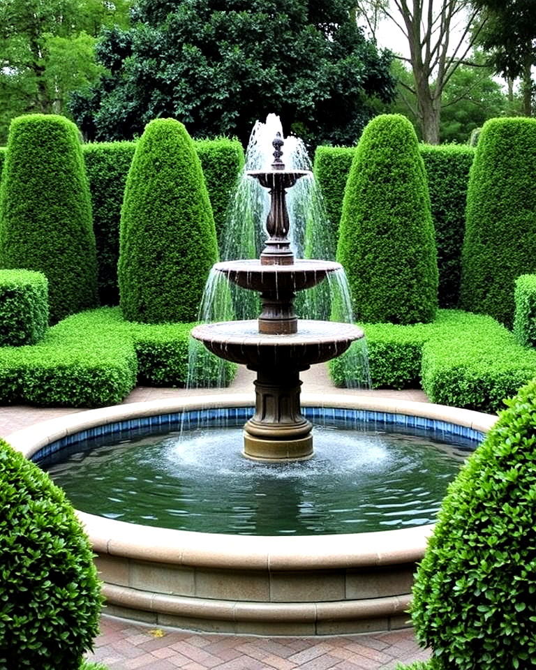 enhance water features with boxwood backdrops - 25 Boxwood Landscaping Ideas