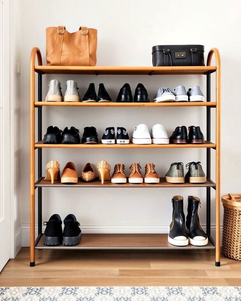 entryway tidy with a minimalist shoe rack - 15 Minimalist Entryway Ideas