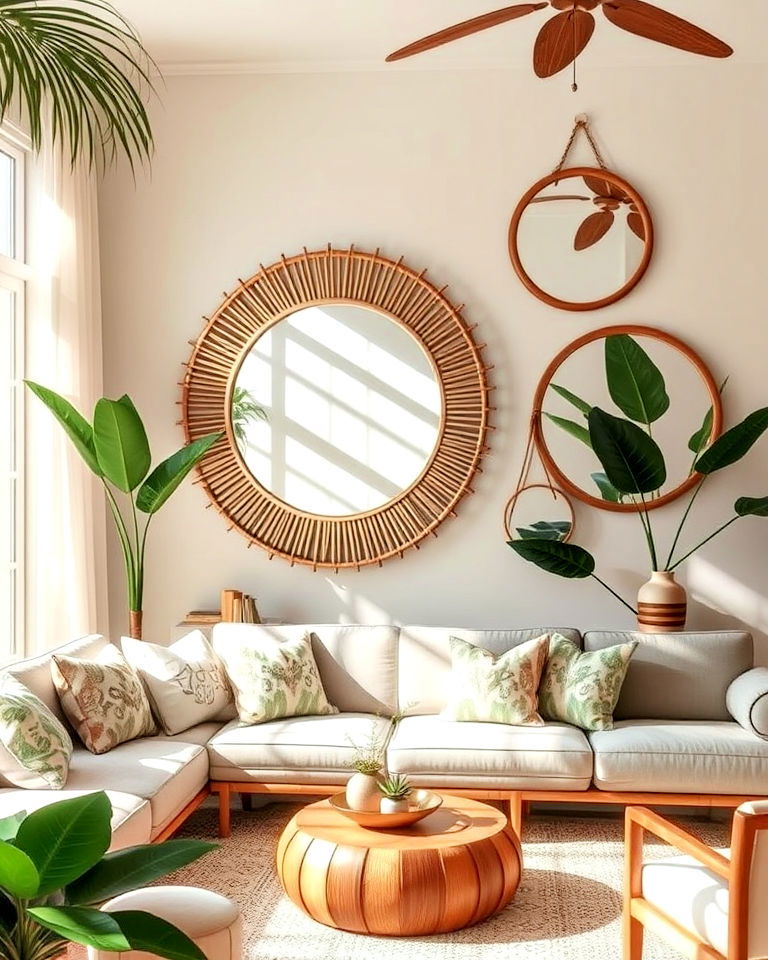 expand a tropical living room with decorative mirrors - 20 Tropical Living Room Ideas