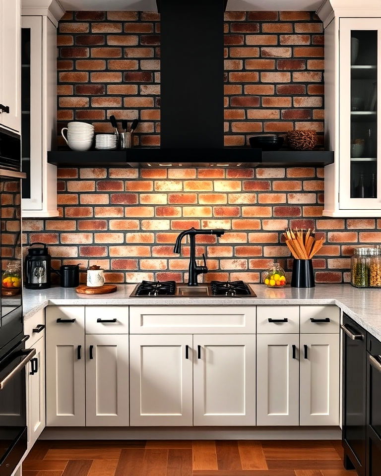 exposed brick backsplash with dark grout lines - 25 Kitchen With Brick Backsplash Ideas