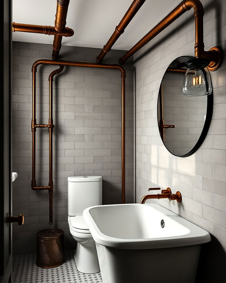 exposed pipework dark academia bathroom - 25 Dark Academia Bathroom Ideas