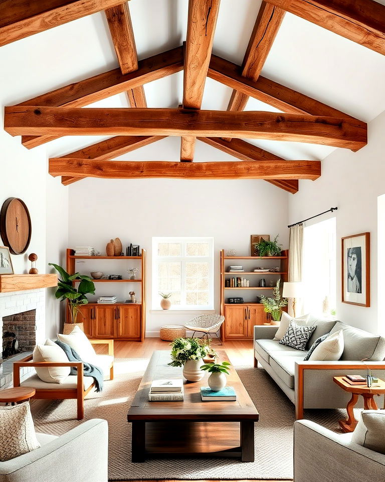 exposed wooden beams scandinavian living room - 20 Rustic Scandinavian Living Room Ideas