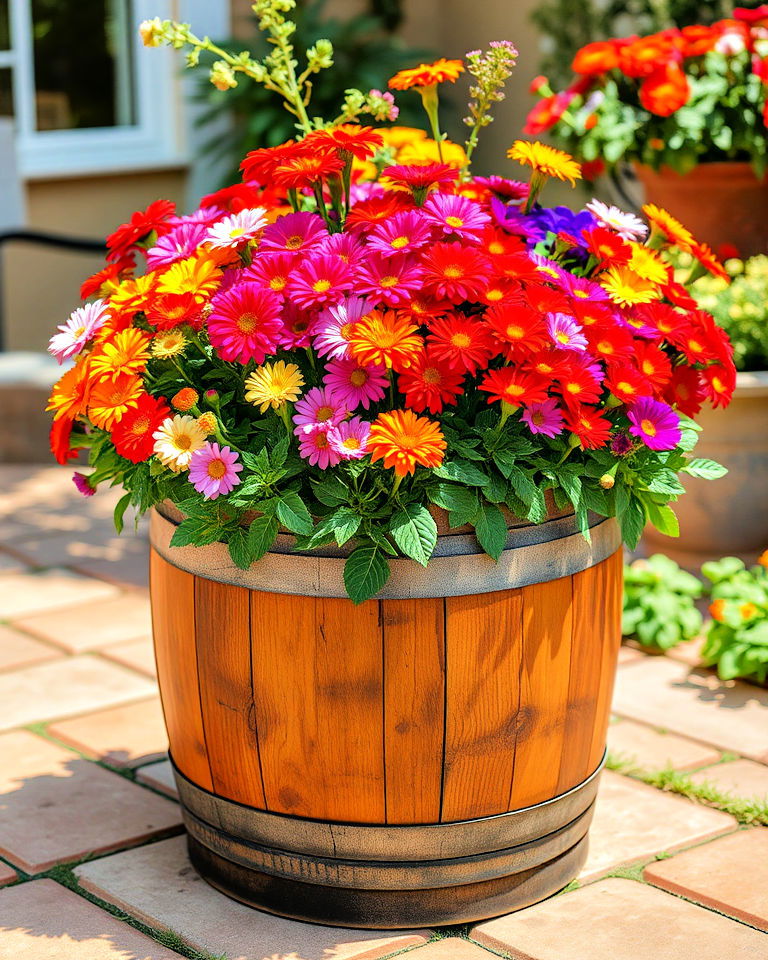 eye catching colorful flower display - 20 Whiskey Barrel Planter Ideas