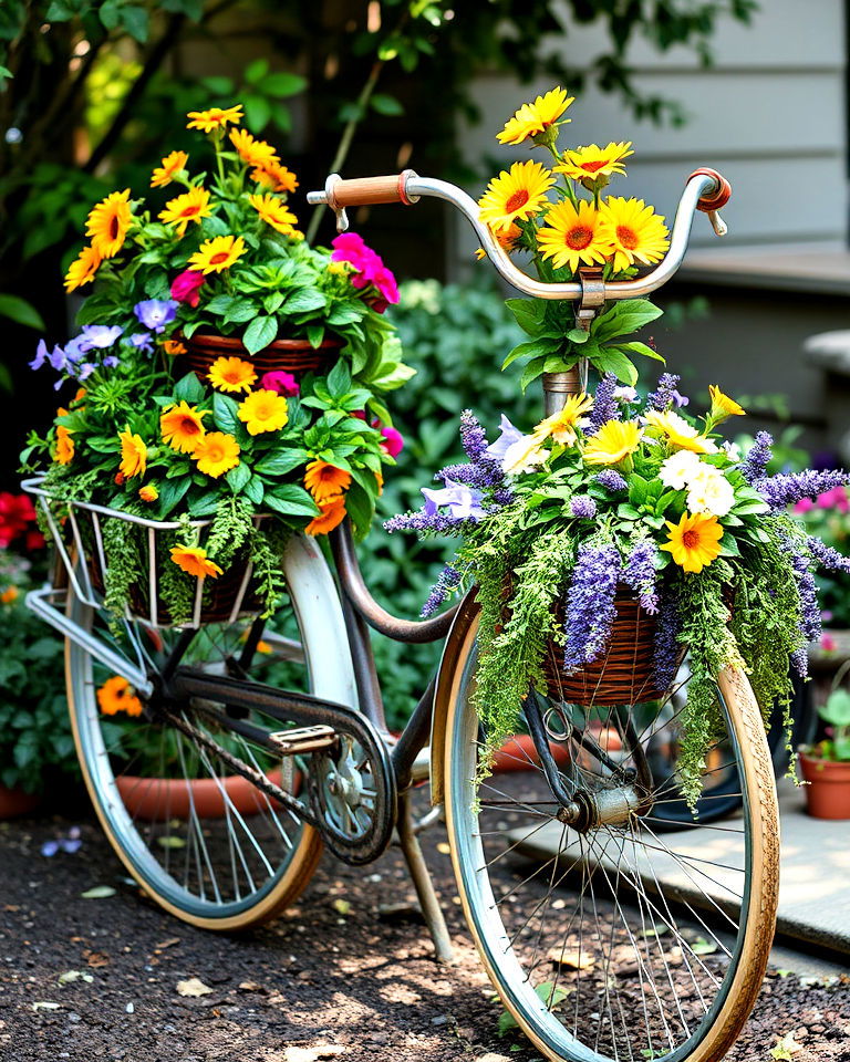 eye catching flower filled bike basket - 15 Old Bicycle Garden Ideas