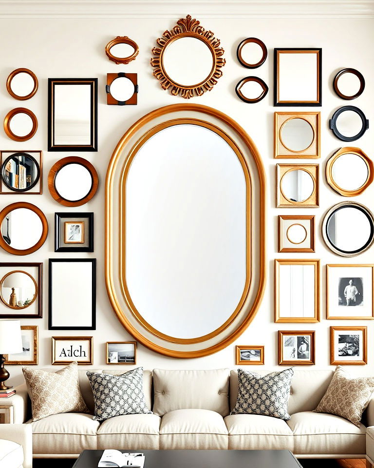 eye catching oversized mirror centerpiece of gallery wall - 25 Mirror Gallery Wall Ideas