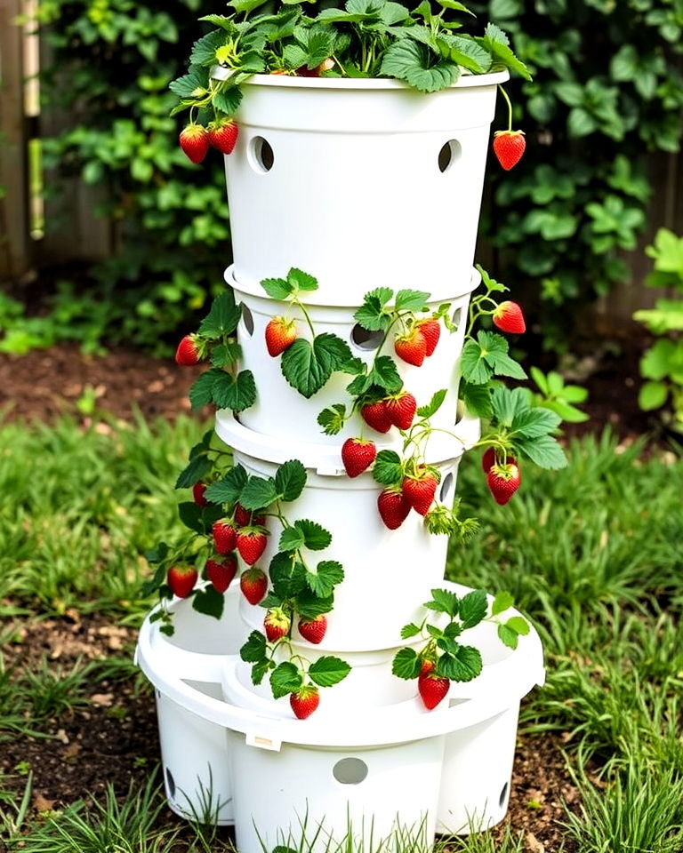 eye catching strawberry tower using buckets - 15 Bucket Garden Ideas