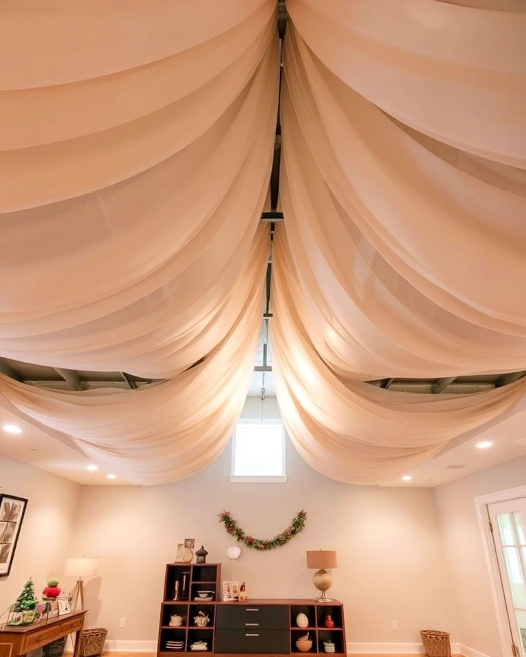 fabric draping ceiling for a soft look fabric draping ceiling for a soft look - 20 Exposed Basement Ceiling Ideas