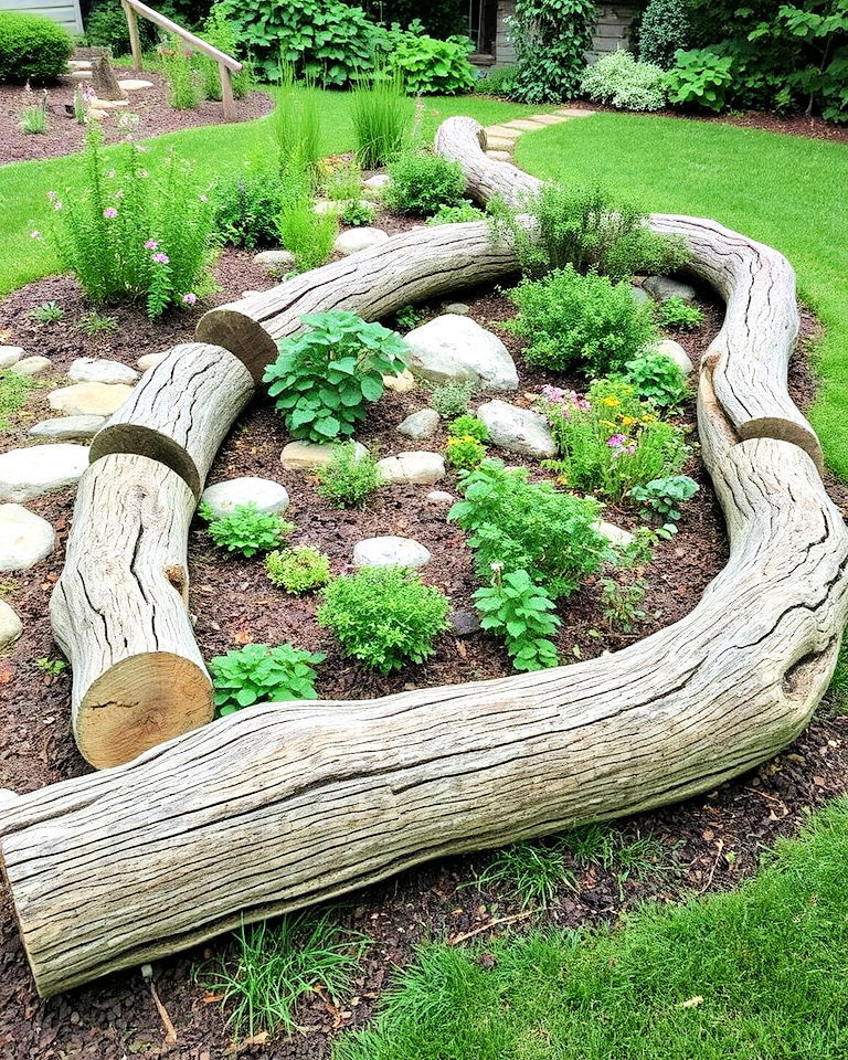 fallen logs as garden borders - 15 Natural Landscaping Ideas
