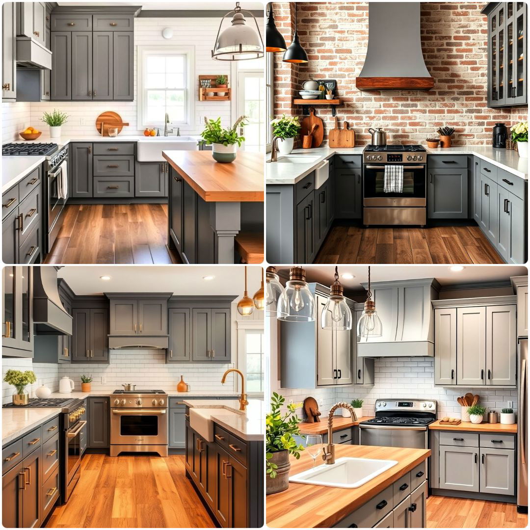 farmhouse kitchen with gray cabinets