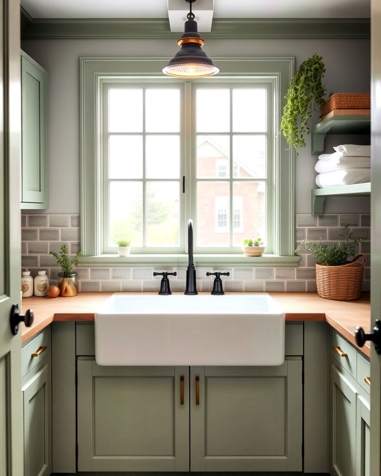 farmhouse laundry sink with sage accents - 20 Sage Green Laundry Room Ideas