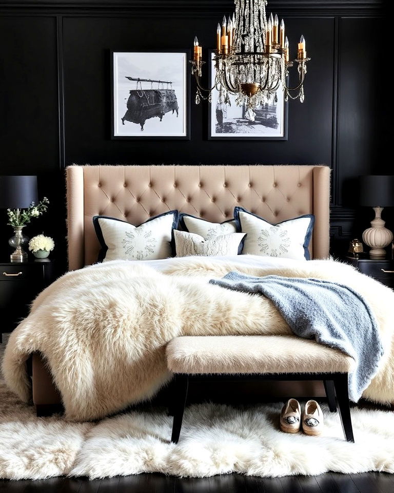 faux fur accents bedroom - 25 Luxury Black Bedroom Ideas