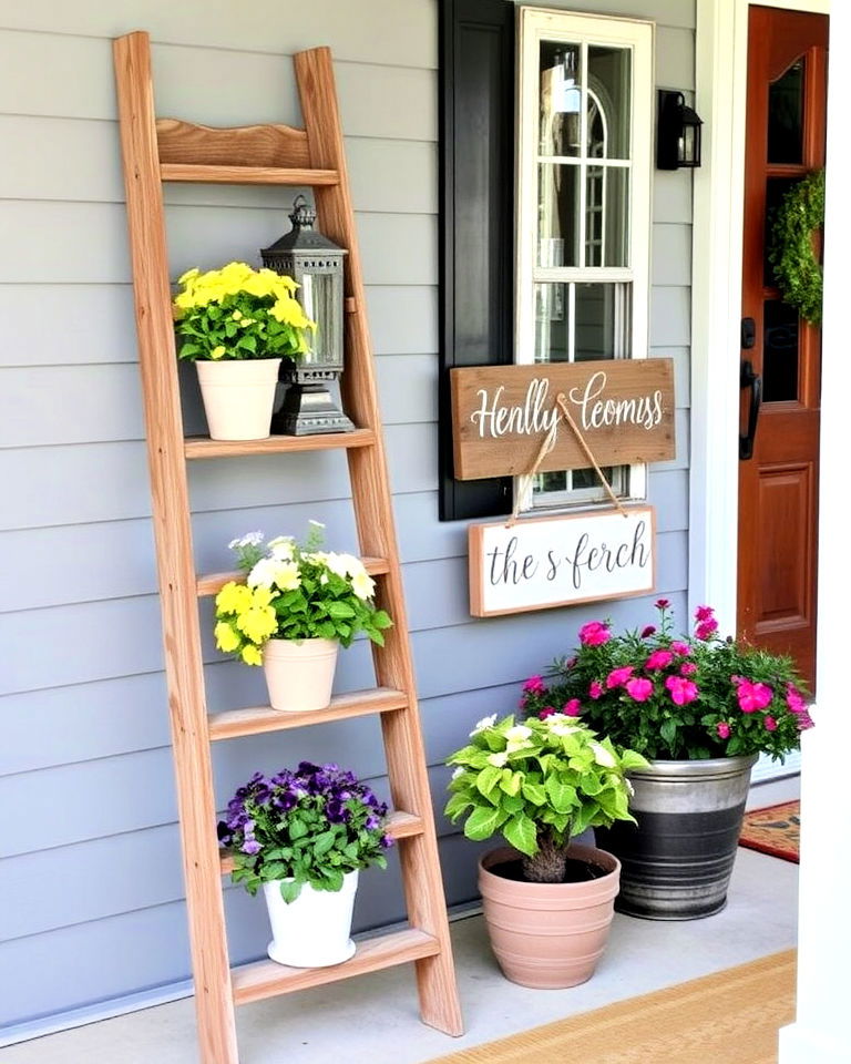 feature a rustic wooden ladder display - 25 Summer Front Porch Decor Ideas