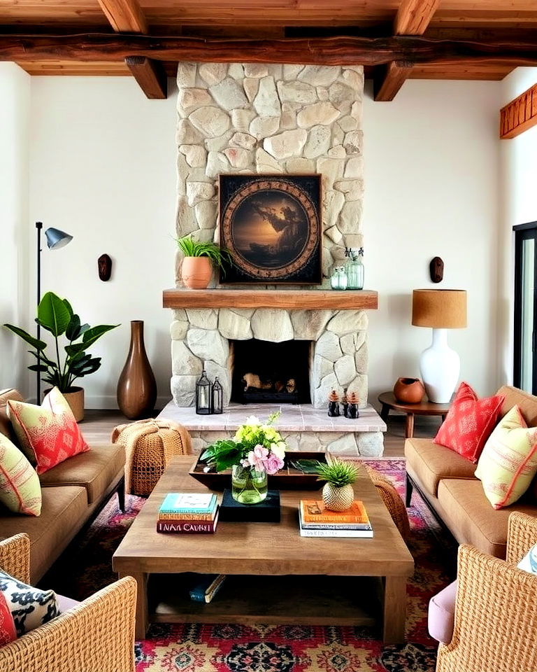 feature natural stone elements - 25 Rustic Boho Living Room Ideas