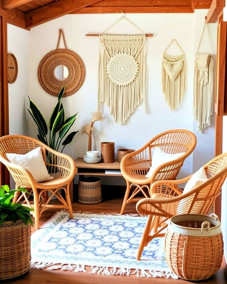 feature woven decor accents - 25 Rustic Boho Living Room Ideas