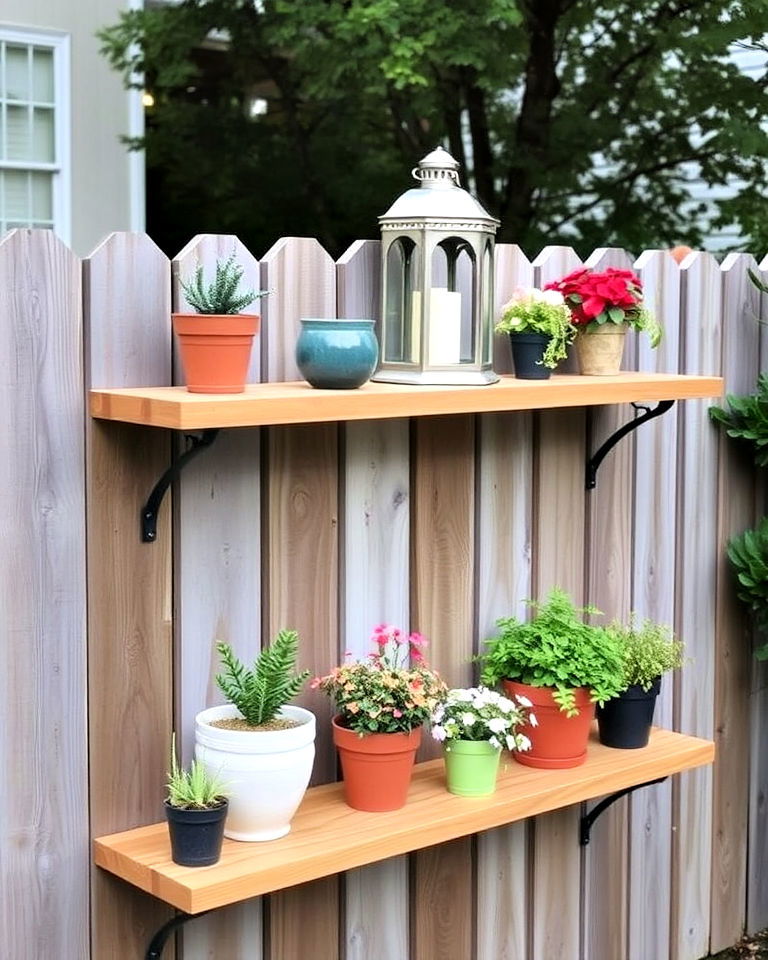 fence mounted shelves - 20 Fence Art Ideas