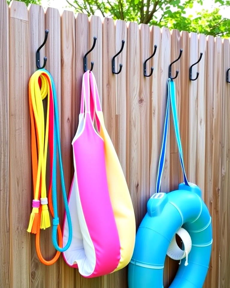fence mounted storage hooks - 25 Outdoor Toy Storage Ideas