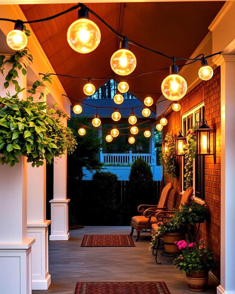 festive globe string lights for a pop of style - 15 Front Porch String Lights Ideas