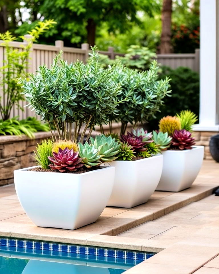 fiberglass planters for lightweight durability - 25 Pool Planter Ideas