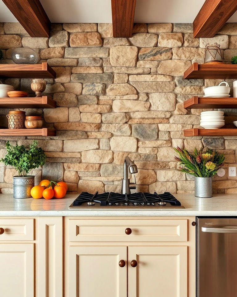 fieldstone accent wall kitchen backsplash - 20 Stone Kitchen Backsplash Ideas