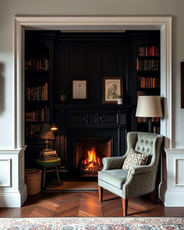fireplace alcove with hidden nooks - 15 Dark Academia Fireplace Ideas