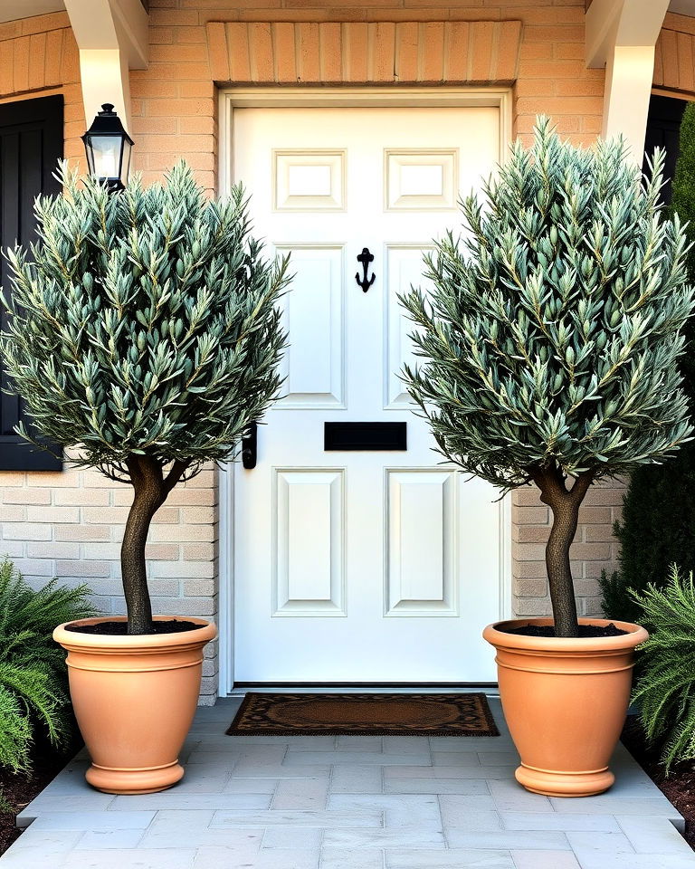 flank the entryway with potted trees - 15 Front Yard Olive Tree Landscape Ideas