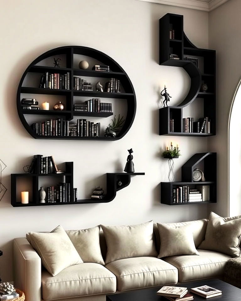 floating bookshelves whimsigoth living room - 20 Whimsigoth Living Room Ideas