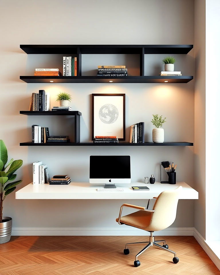floating shelves contemporary home office - 25 Contemporary Home Office Ideas