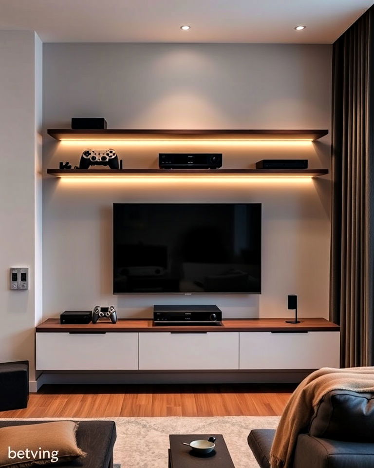floating shelves for equipment - 25 Modern Home Theater Ideas