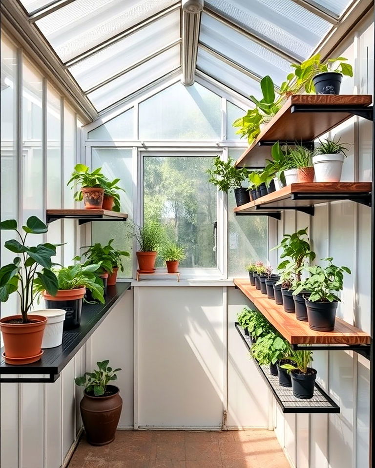 floating shelves for minimalist design - 25 Greenhouse Shelving Ideas