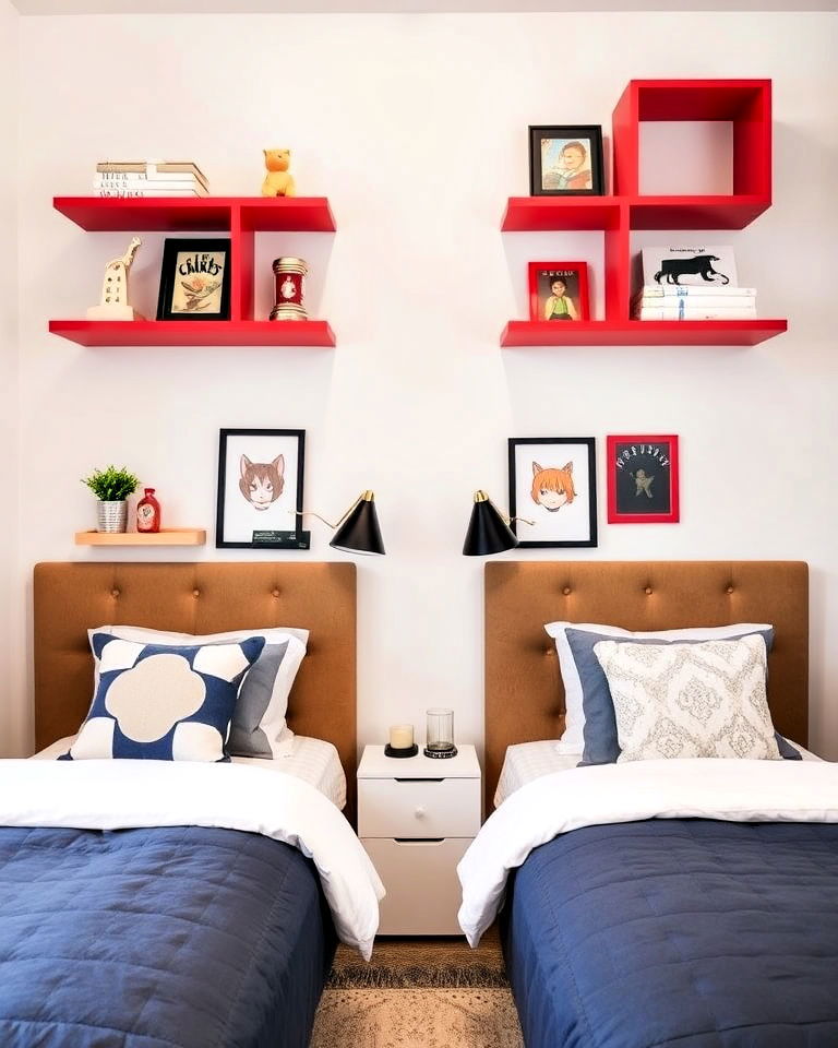 floating shelves for personal displays - 40 Shared Kids Room Design Ideas
