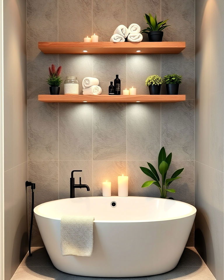 floating shelves for storage and style - 25 Bathtub Decor Ideas