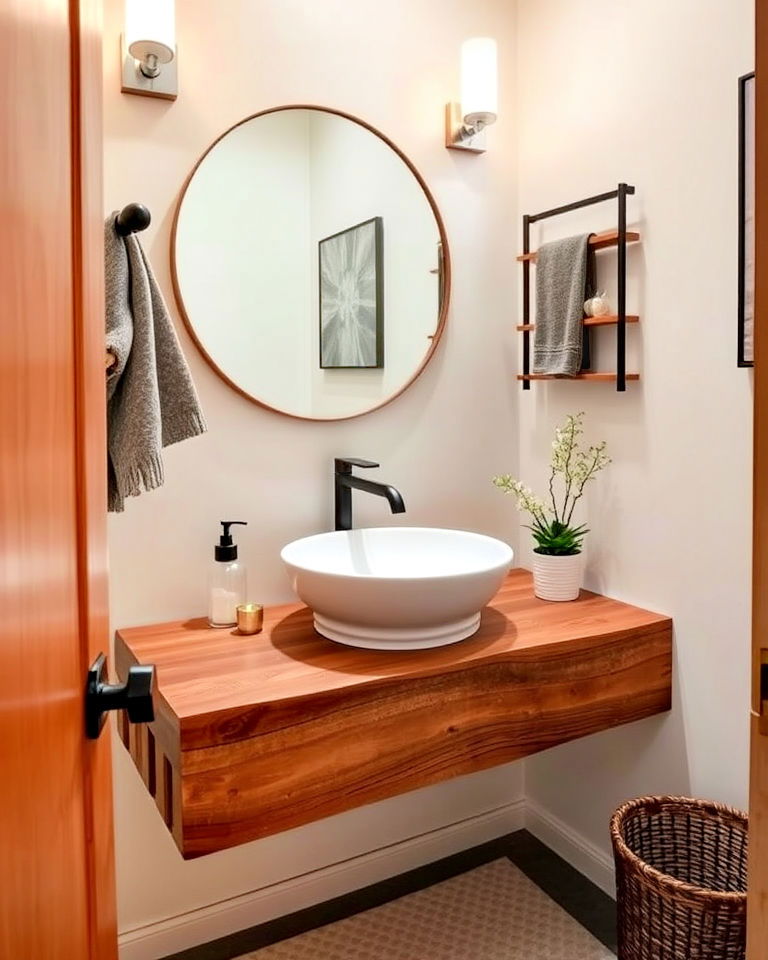 floating vanity from reclaimed wood floating vanity from reclaimed wood - 15 Eclectic Powder Room Ideas