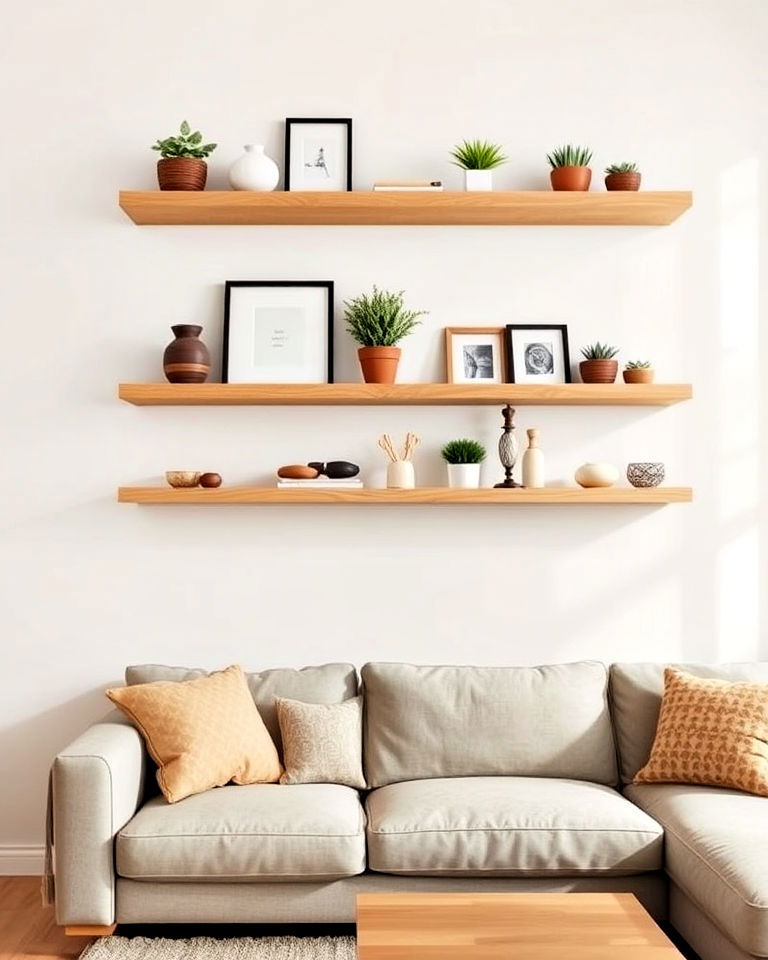 floating wooden shelves for minimalist boho living room - 20 Minimalist Modern Boho Living Room Ideas